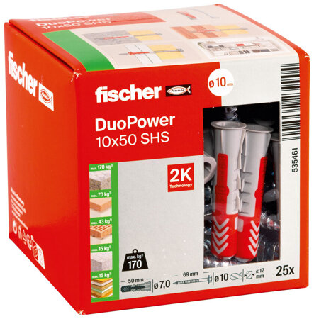 Fischer DuoPower 10 x 50 S LD Boulon d'expansion de 25 pièces avec vis